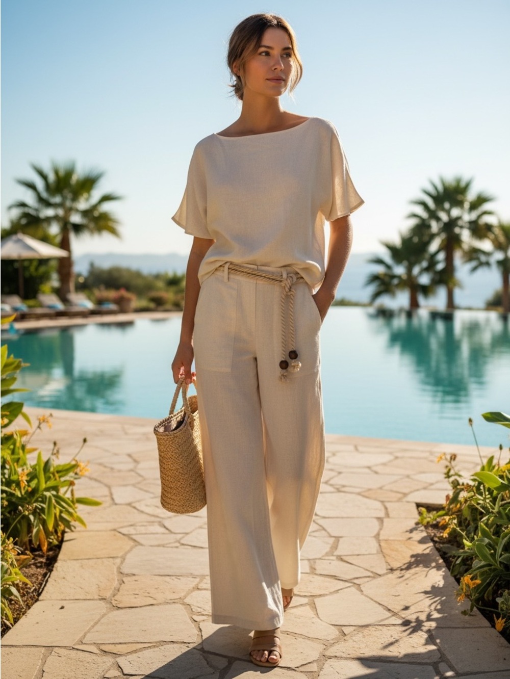 Wassa Linen Blend 2-Piece Set Ivory Off-Shoulder Wide Leg Pants M